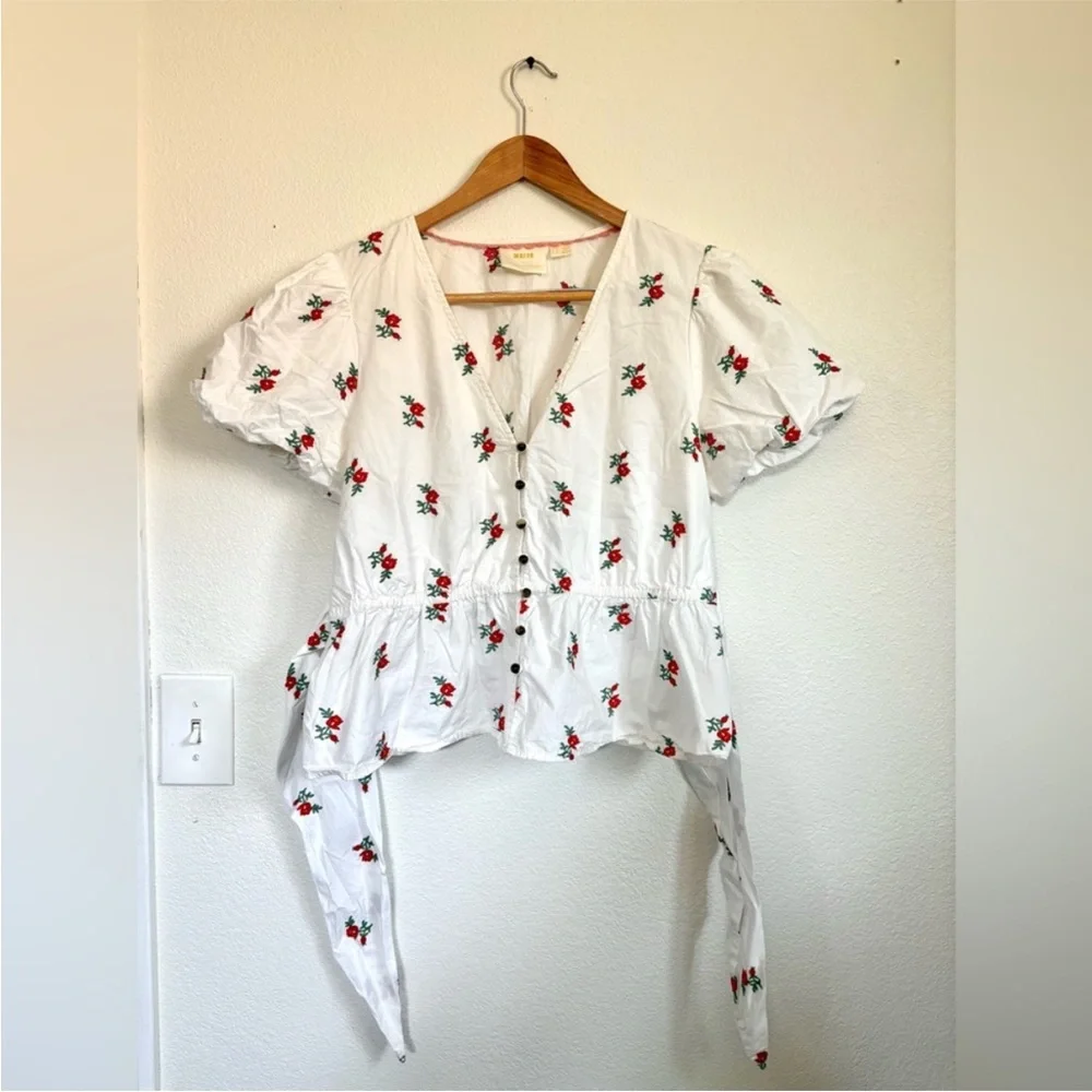🍒 Anthropologie Maeve Peplum V-Neck Puff-Sleeve Bow Blouse Floral Print Large
